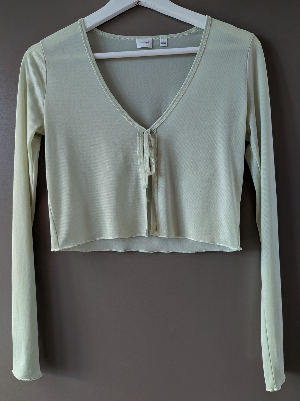 Aritzia Wilfred Tangled Longsleeve Tie-Front Crop Top Pastel Sage Green XS Mesh